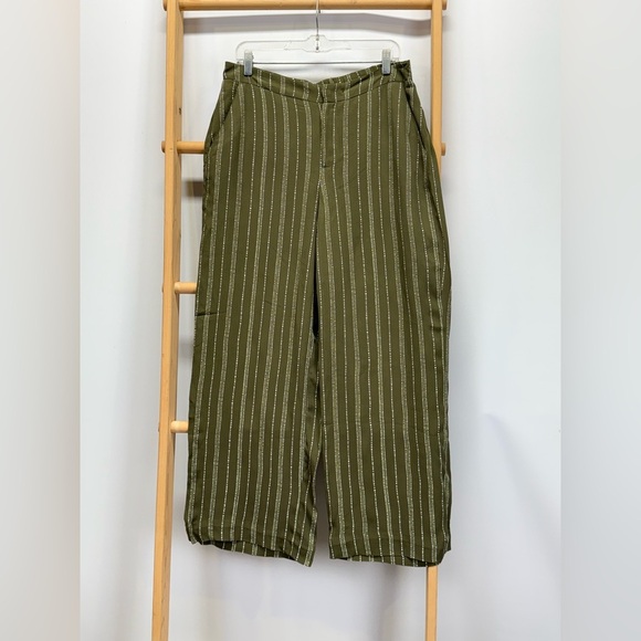KAARI BLUE Olive green with white stripe wide leg pants size L - Picture 2 of 11